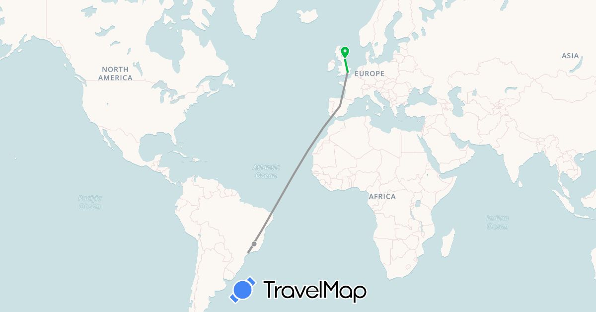 TravelMap itinerary: driving, bus, plane in Brazil, Spain, United Kingdom (Europe, South America)