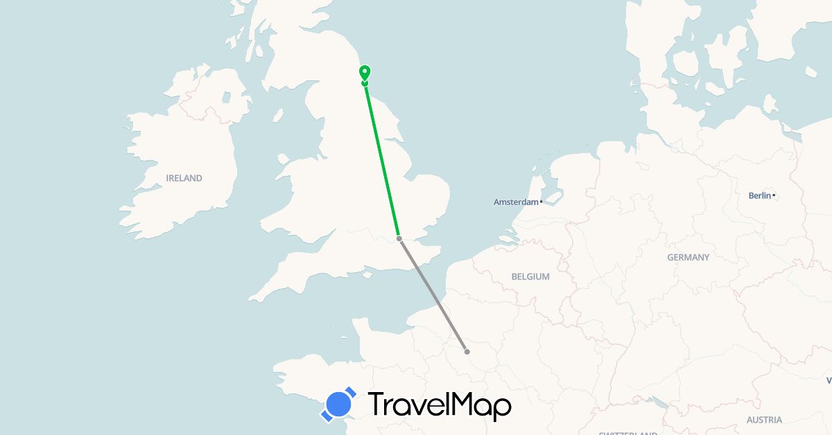 TravelMap itinerary: driving, bus, plane in France, United Kingdom (Europe)
