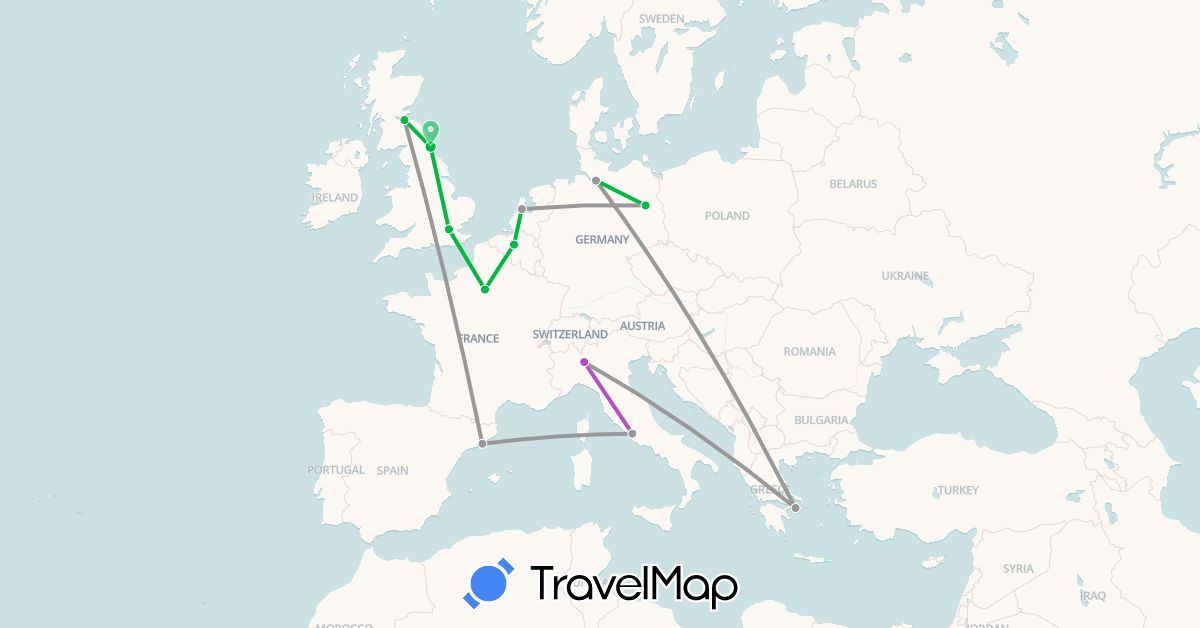 TravelMap itinerary: driving, bus, plane, train in Belgium, Germany, Spain, France, United Kingdom, Greece, Italy, Netherlands (Europe)